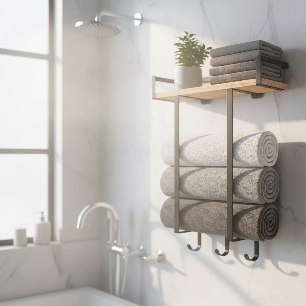 Toallero de Baño con Repisa de Madera y 3 Ganchos – Organizador de Pared para Toallas