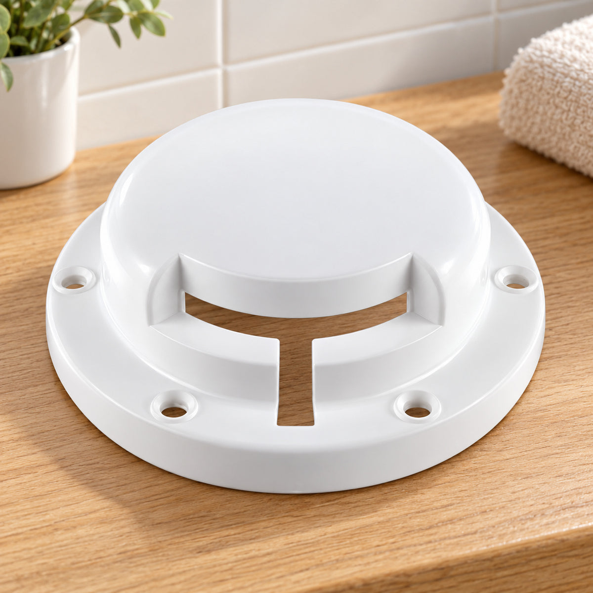 Tapa Fusion Blanca Para Ducha 220 V, repuesto completo sobre mesón de madera en un baño, sin instalar