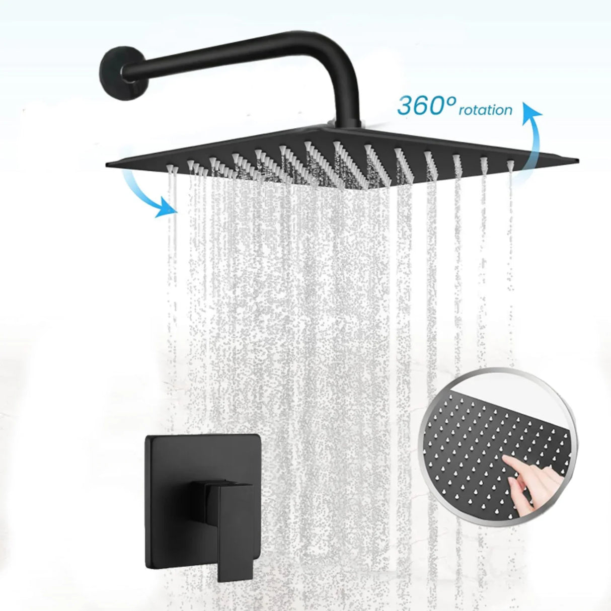 Set Griferia Ducha Monocontrol Negra Regadera 20cm Cuadra Lu