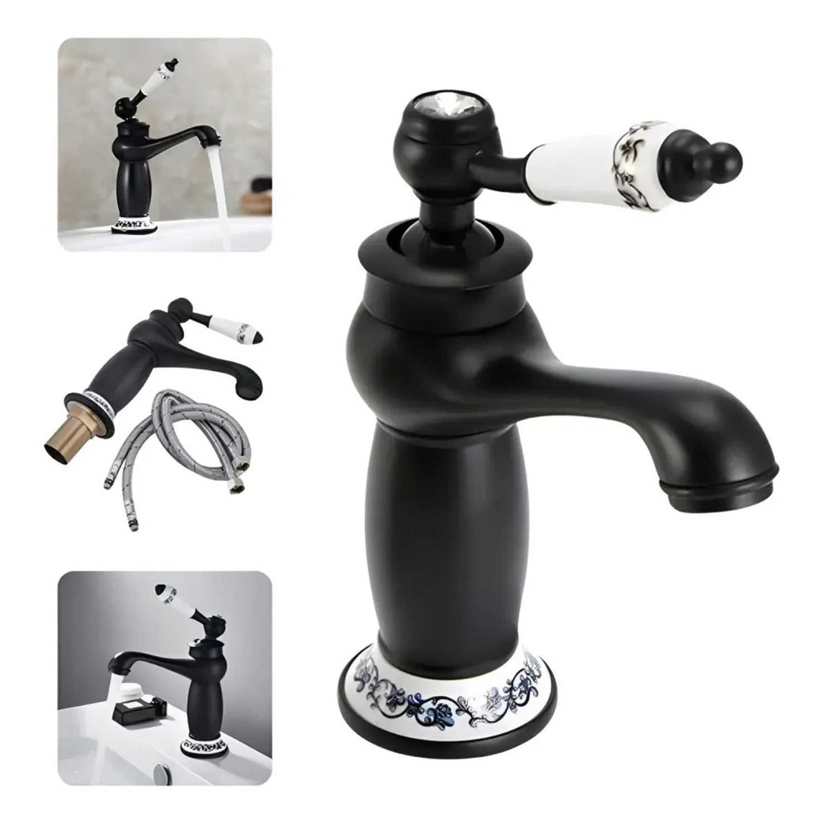 Grifería Lavamanos Bajo Negro Blanco Monocontrol Vintage para Baño