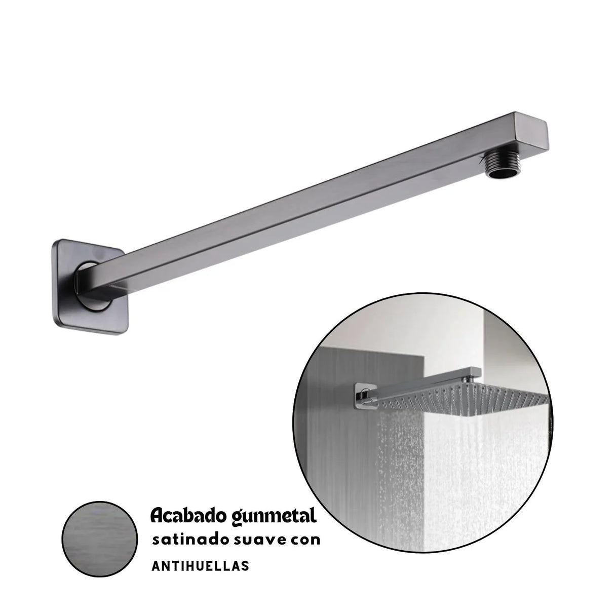 Set Tubo Cuadrado + Regadera Gris Níquel Antihuellas Kassel 25x30 cm