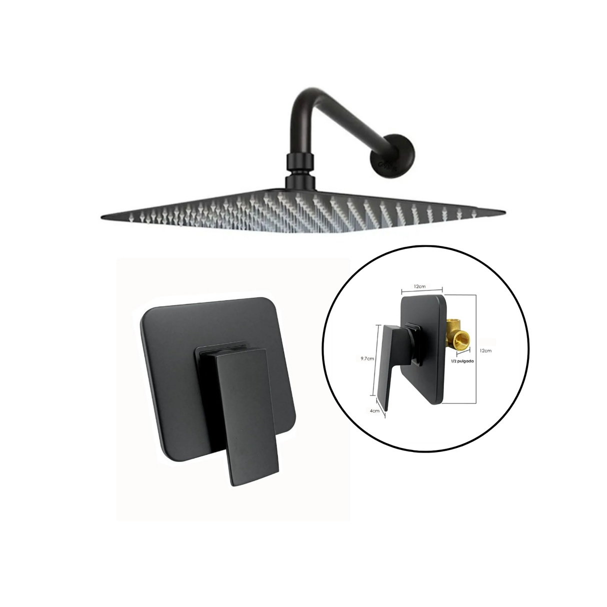 Kit Ducha Cuadrada Negro De 20cm + Monocontrol Redondo