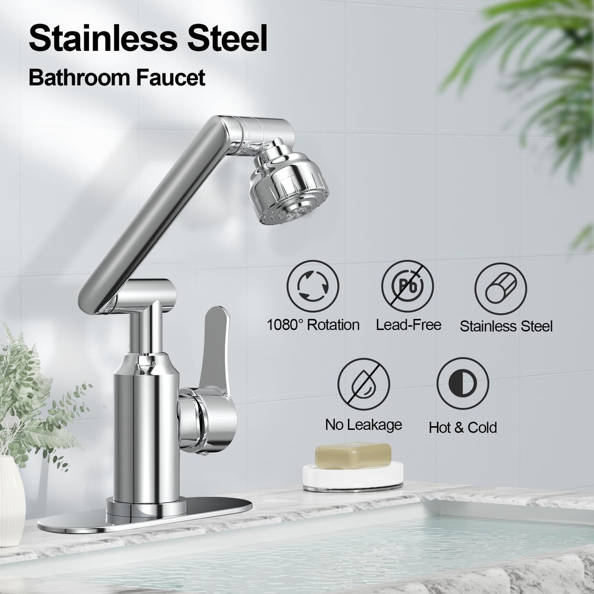 Griferia Lavamanos Monocontrol 1080° Giratoria Acero Inoxidable