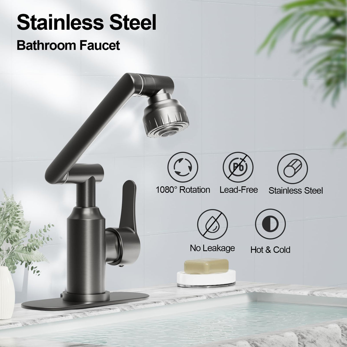 Griferia Lavamanos Monocontrol 1080° Giratoria Acero Inoxidable