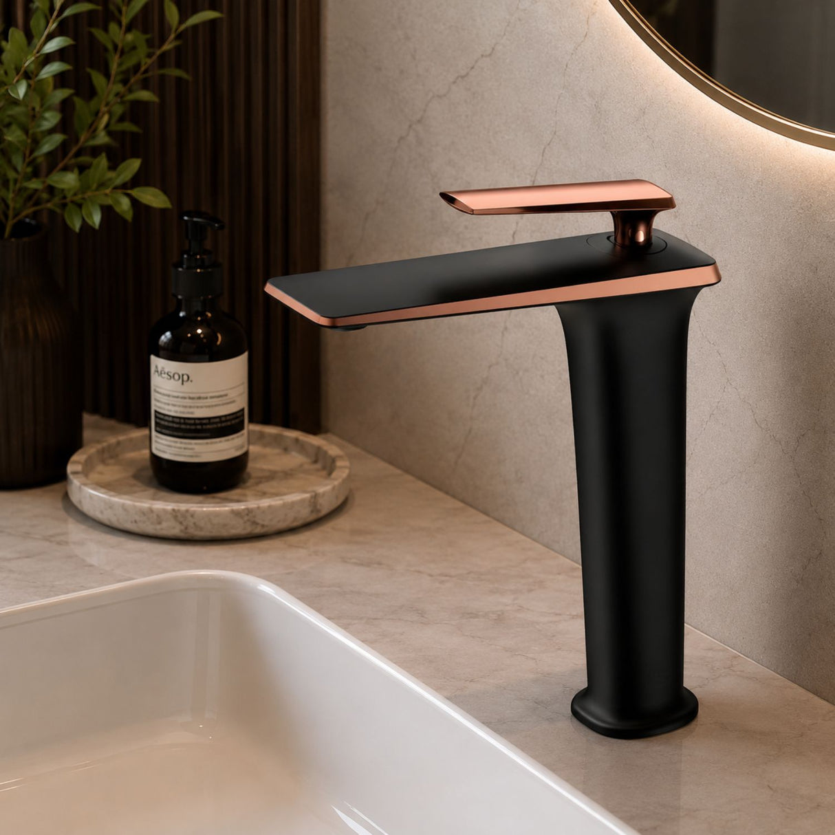 Grifería Lavamanos Alta Negro Oro Rosa Vintage | Monocontrol para Sobreponer
