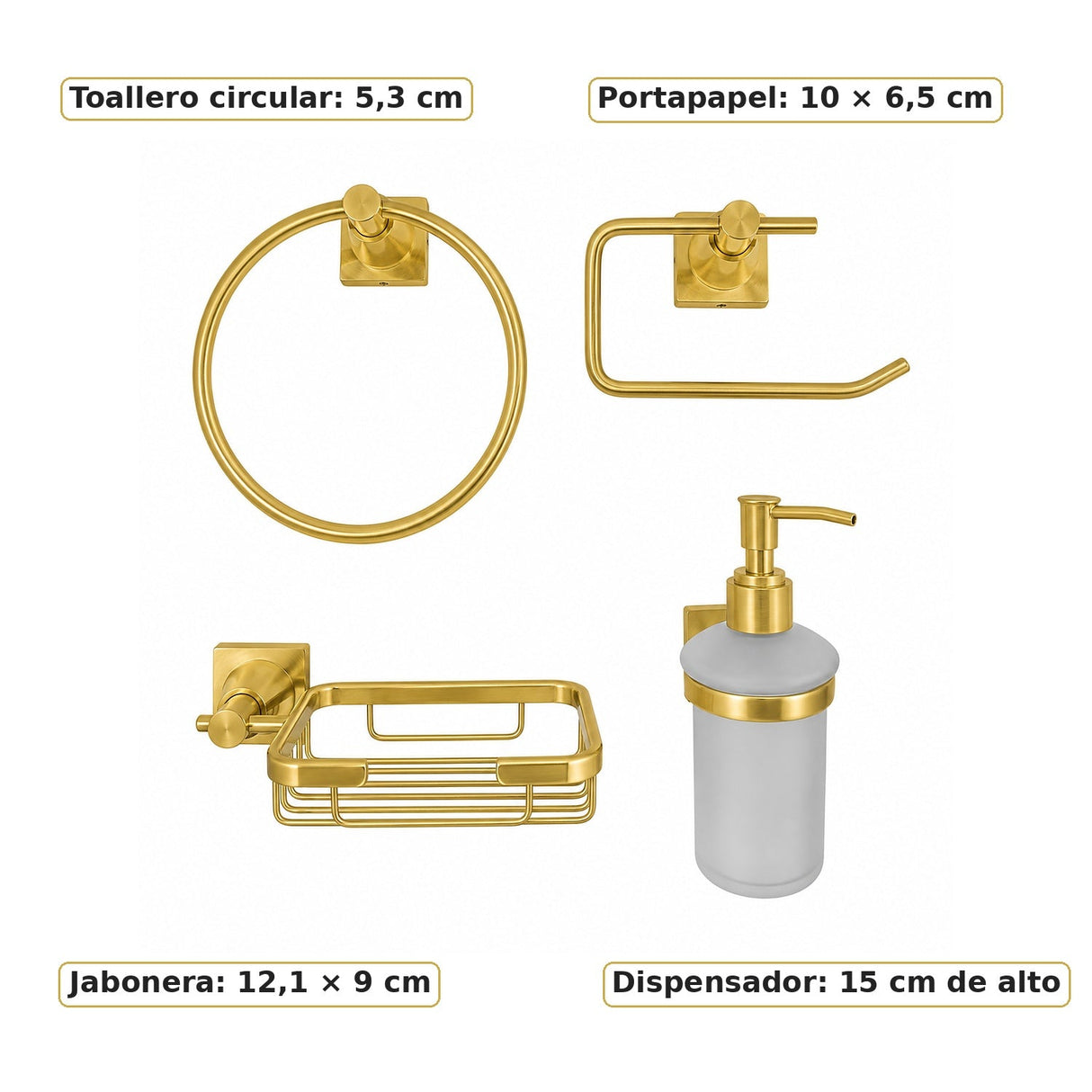 Medidas del set de accesorios para baño color oro x4 piezas