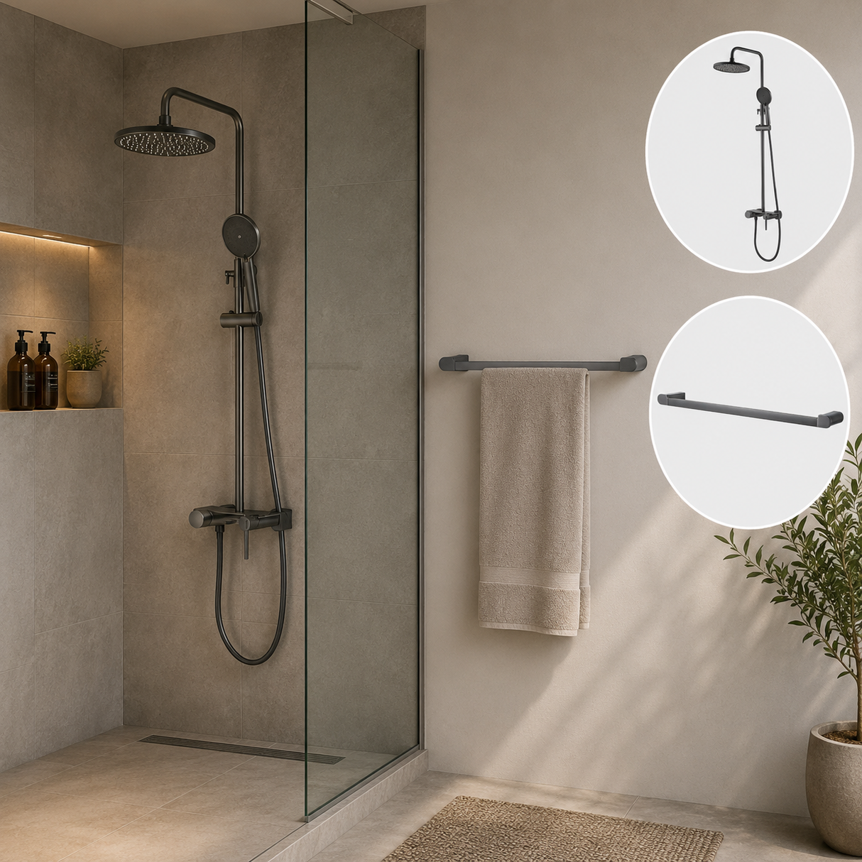 Combo Columna de Ducha Lusso Gris Concreto + Toallero Kassel 60 cm