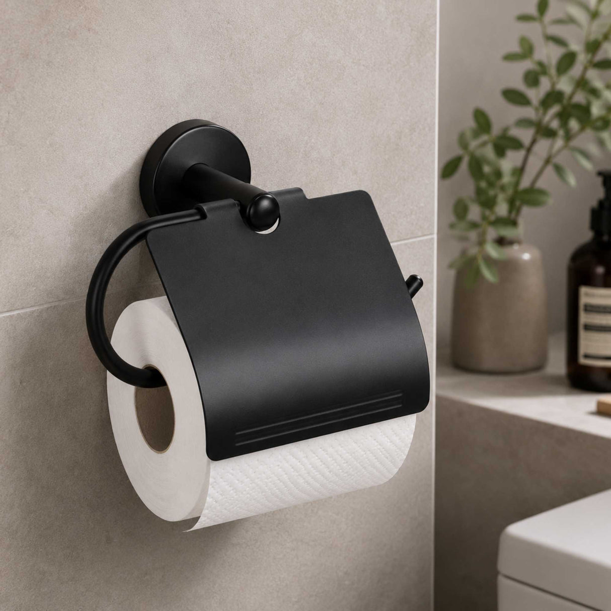Porta Rollo con Tapa Negro Mate para Baño | Accesorio Moderno y Elegante
