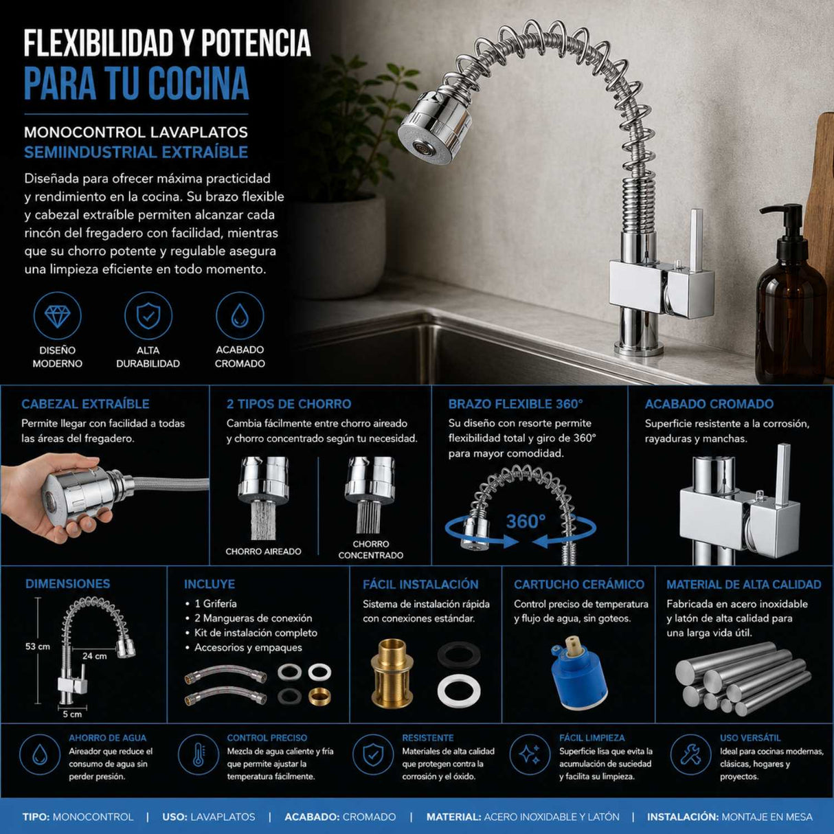 Grifería Monocontrol Lavaplatos Semi Industrial Satin con Cabezote Extraíble 33 cm Acero 304