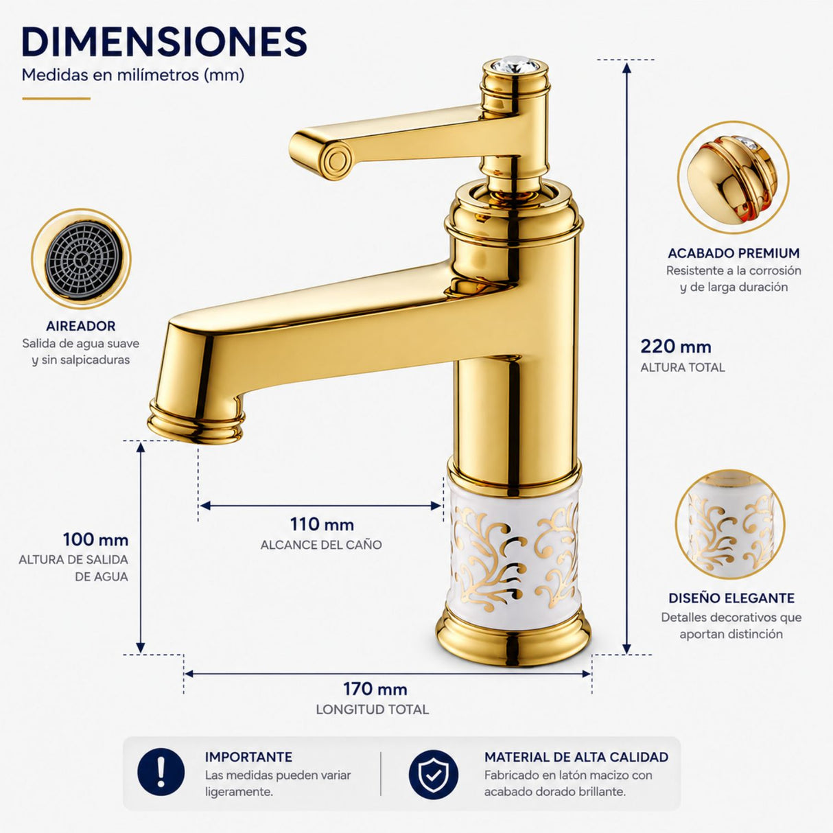 Grifería Monocontrol Lavamanos Bajo Egipto Oro Vintage | Diseño Elegante para Baño Moderno
