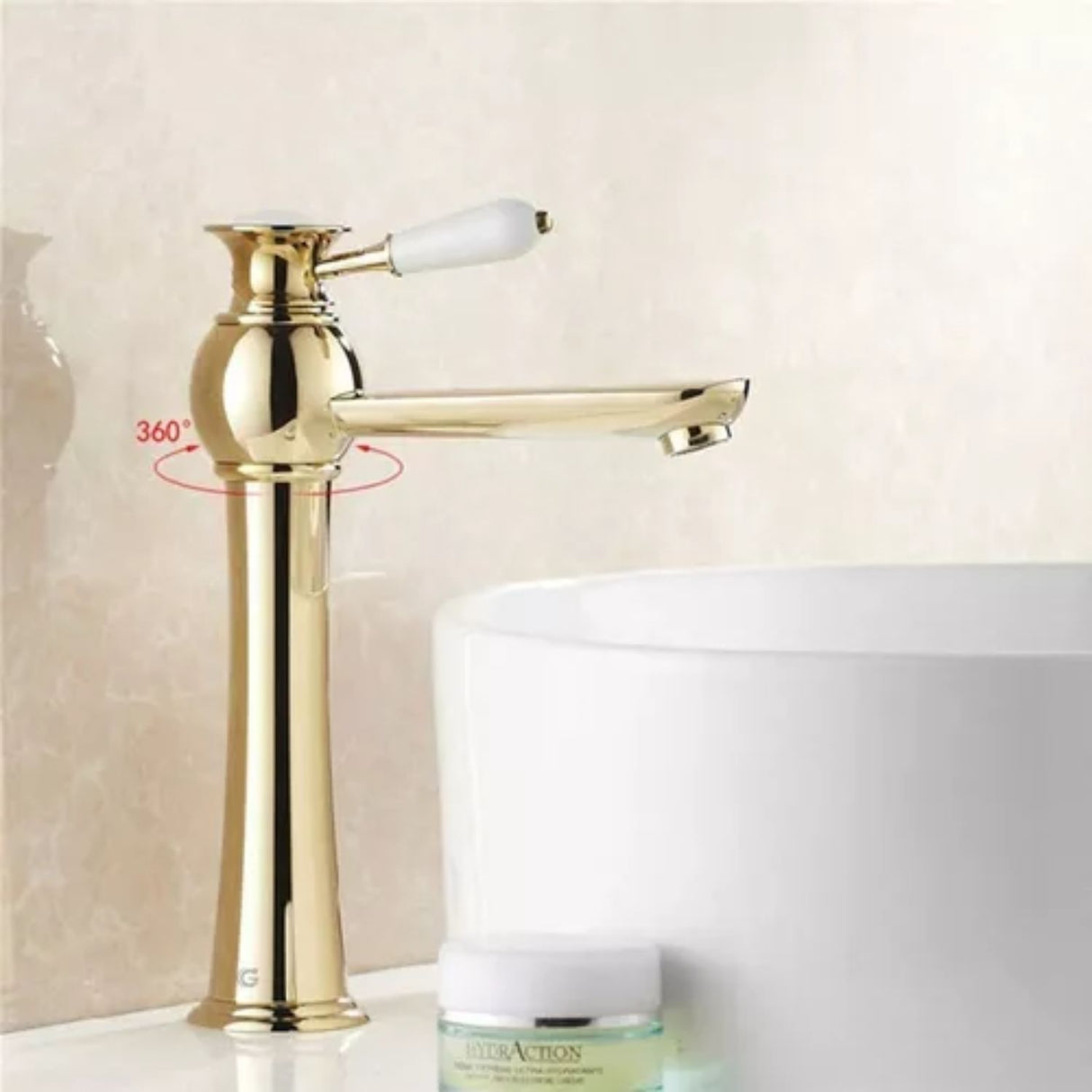 Grifería Monocontrol Lavamanos Alto Oro con Manija en Porcelana | Diseño Vintage Elegante