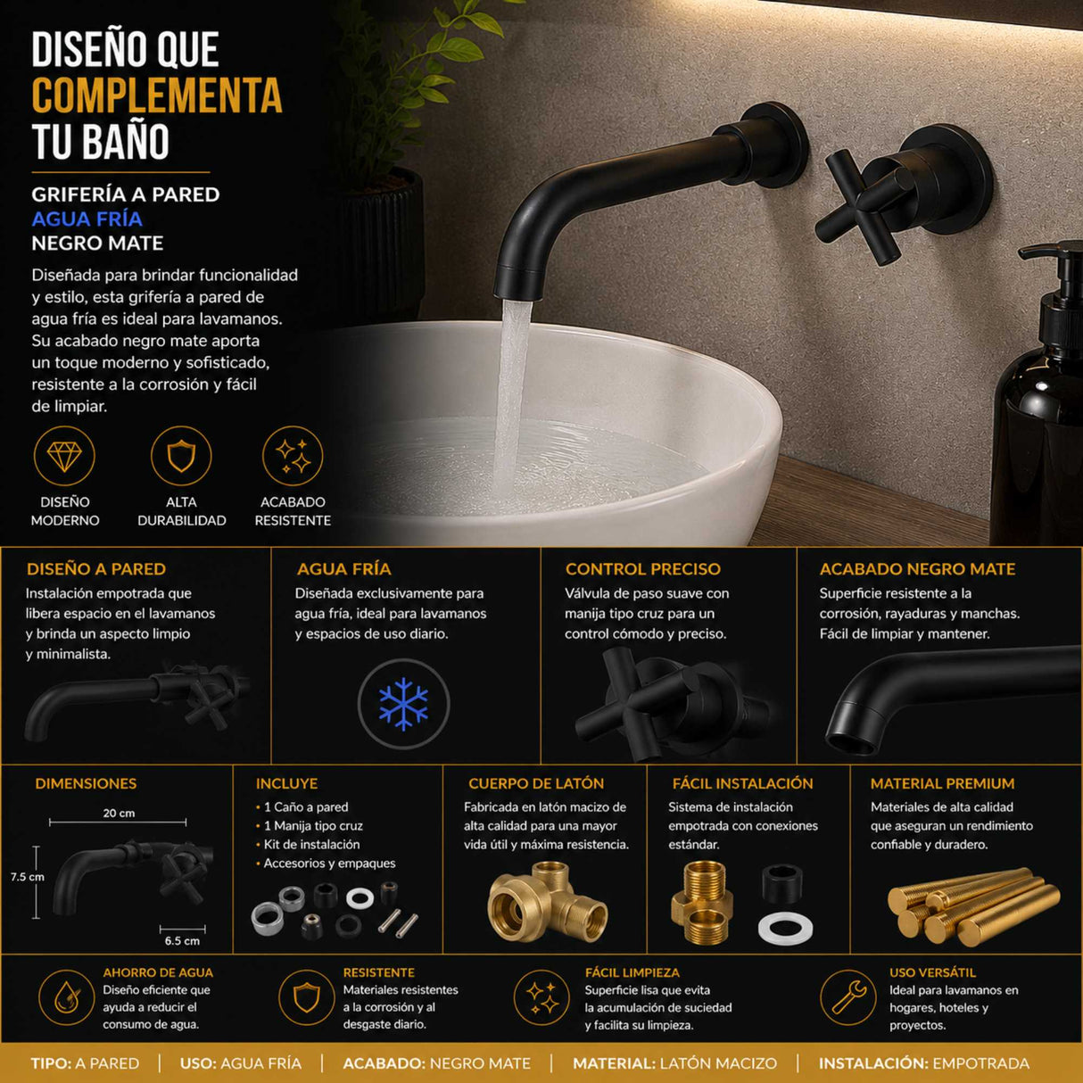 Llave Lavamanos Pared Negra Mate 22 cm | Grifería Moderna para Baño Elegante