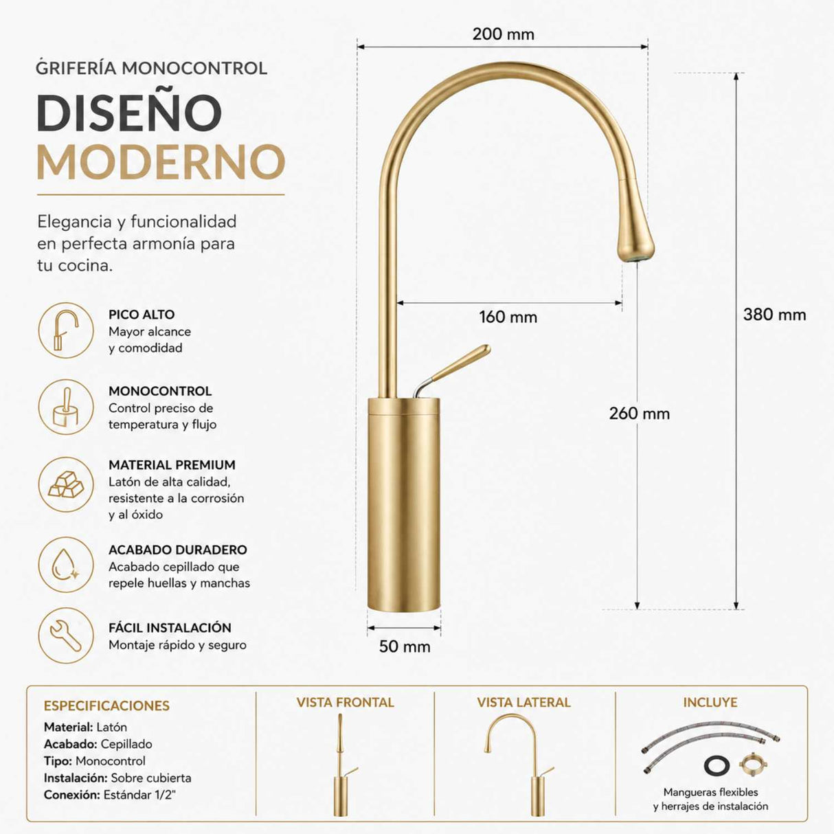 Grifería Monocontrol Arco Alto Metálica | Cuello Giratorio 360° para Lavamanos