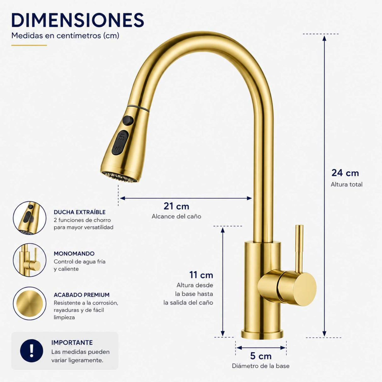 Grifería Lavaplatos Extraíble Oro Cepillado Alta Calidad