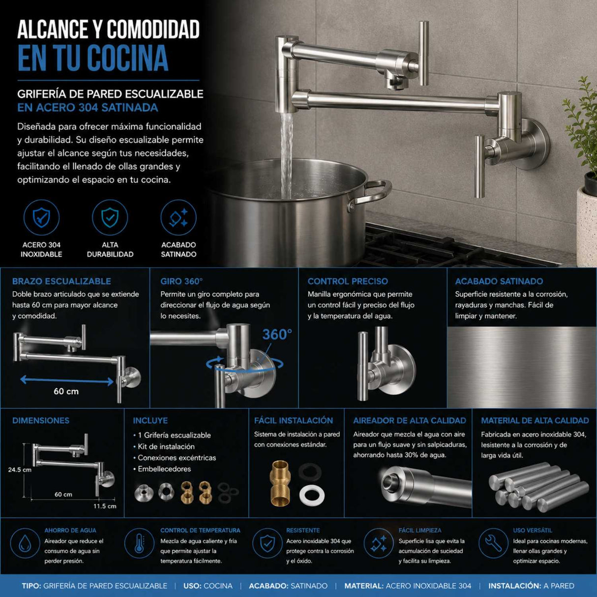 Llave Pared Escualizable Acero Inoxidable 304 Satin 58 cm | Grifería Flexible para Cocina