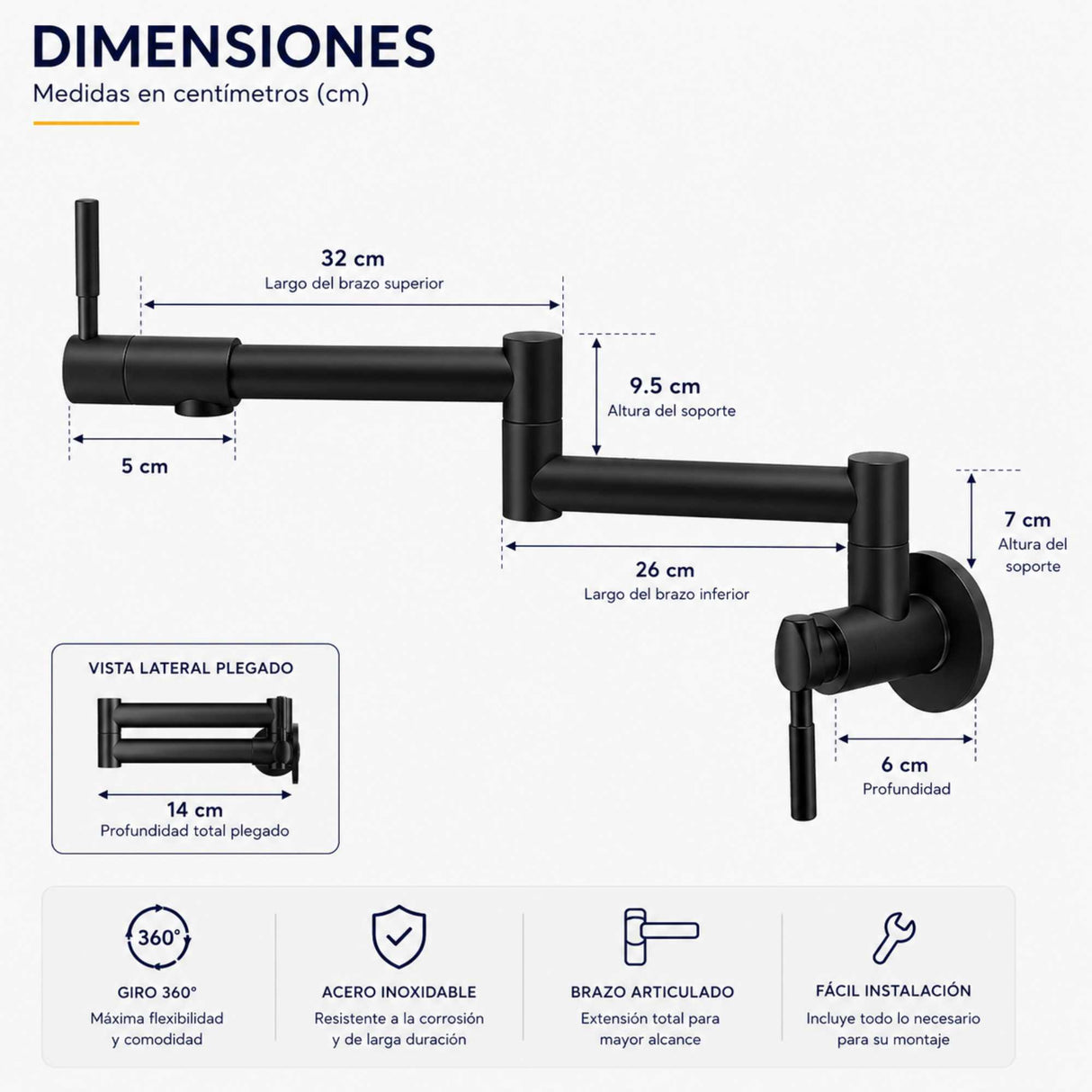 Llave Pared Escualizable Acero Inoxidable 304 Negro Mate 58 cm | Grifería Flexible Moderna