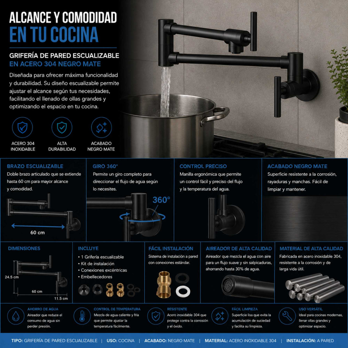 Llave Pared Escualizable Acero Inoxidable 304 Negro Mate 58 cm | Grifería Flexible Moderna
