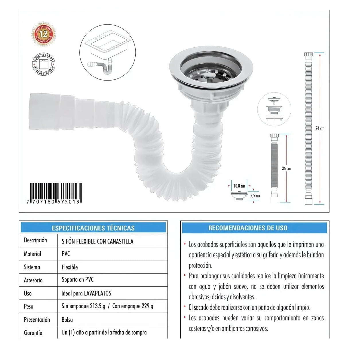 Set Lavaplatos Acero 60x40 + Griferia Sencilla + Sifon y Canastilla