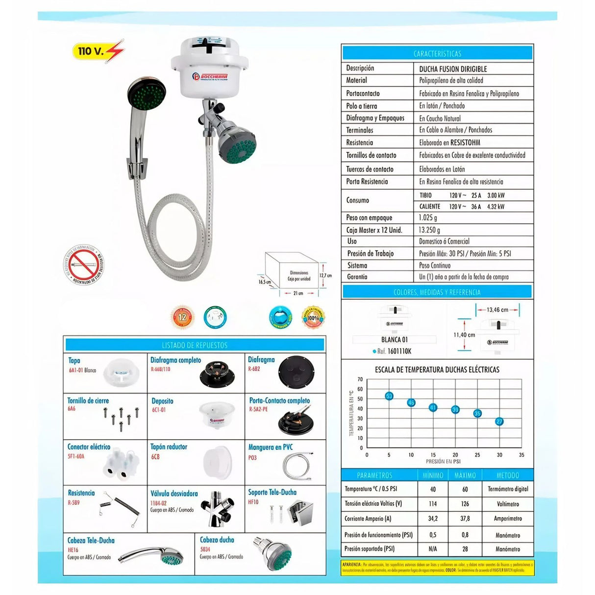 Ducha Eléctrica Dirigible Fusion Negra 110V | Diseño Moderno con Control de Temperatura