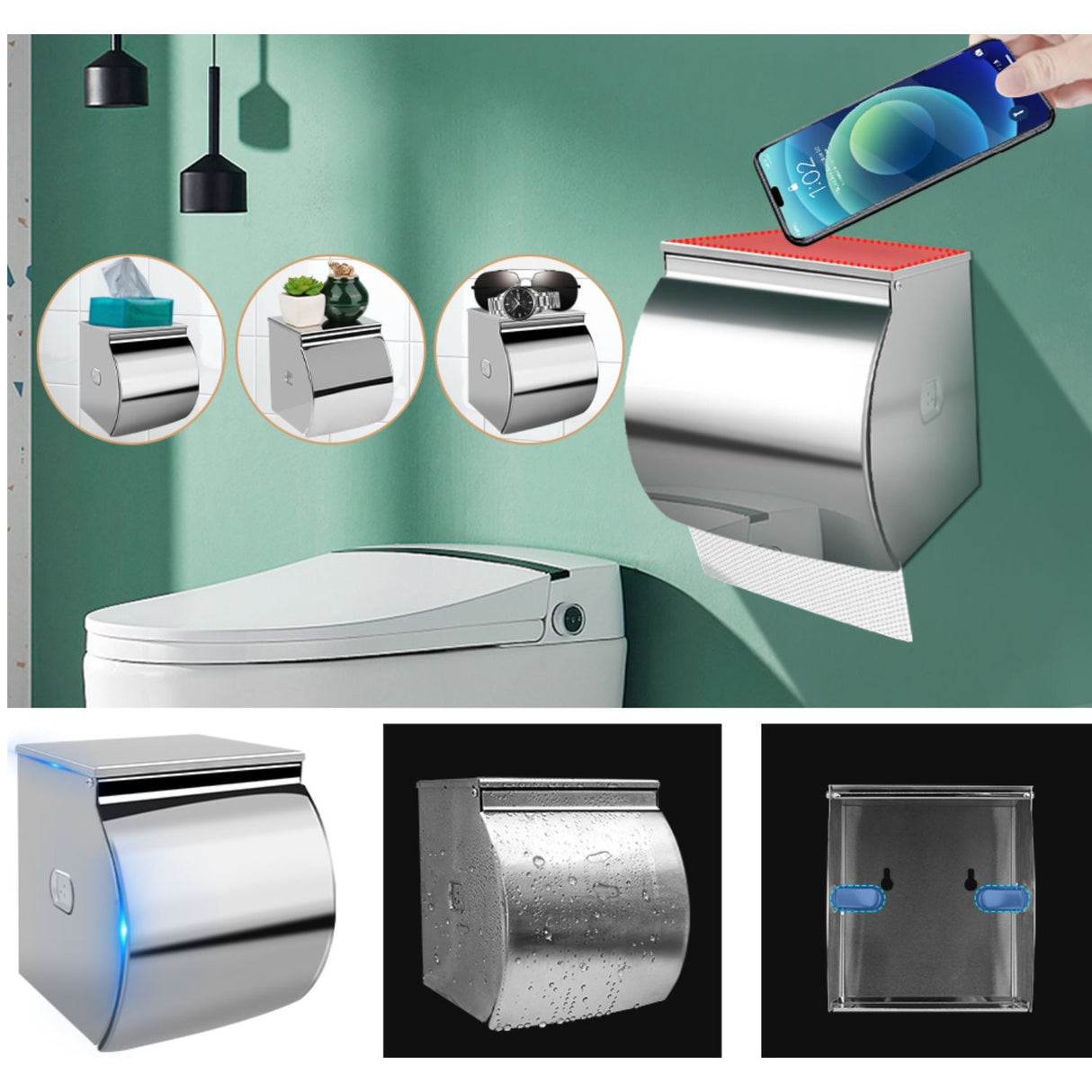 Dispensador Papel Higiénico Acero Plateado Estante Antisalpicaduras