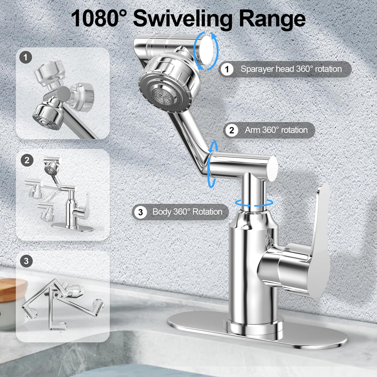 Griferia Lavamanos Monocontrol 1080° Giratoria Acero Inoxidable