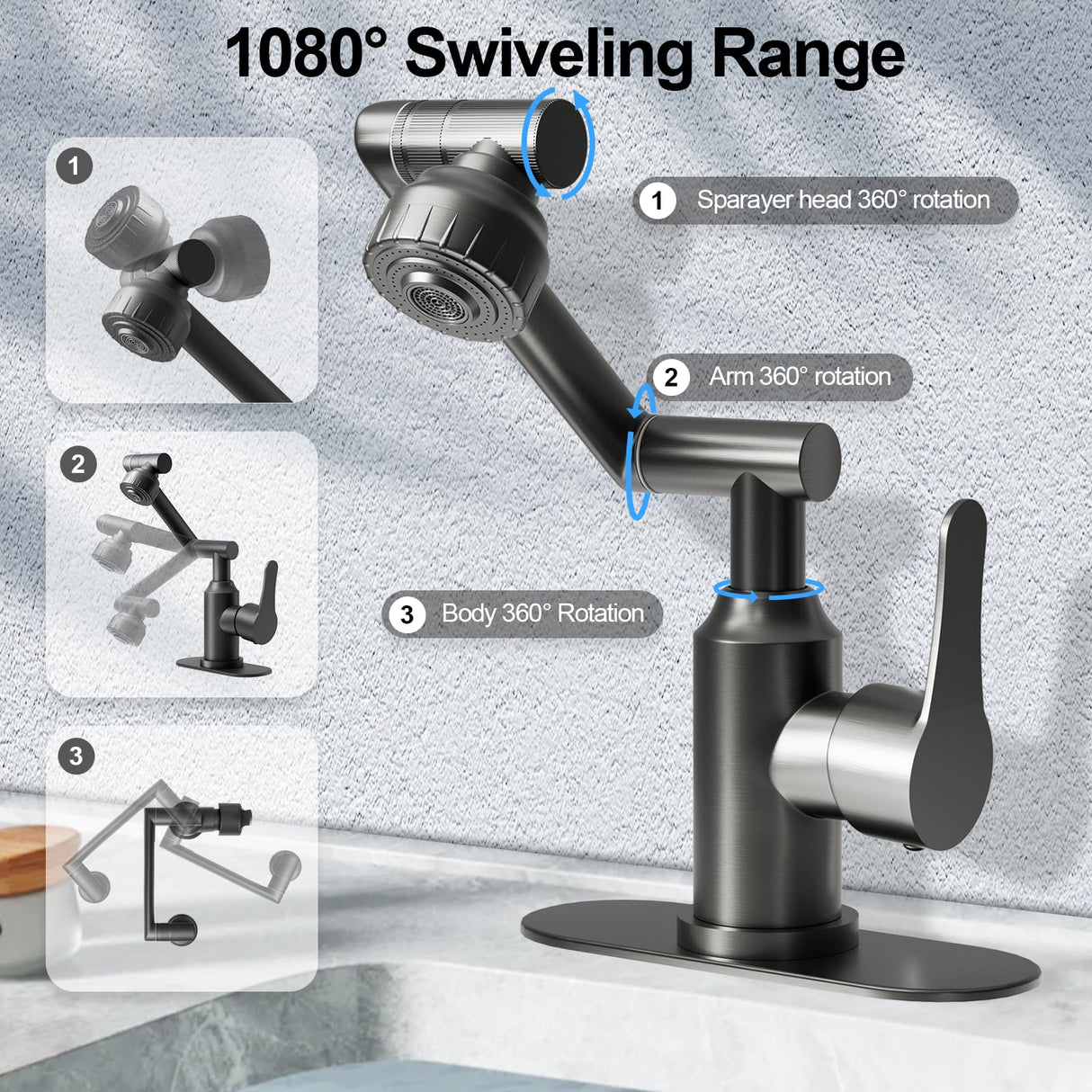 Griferia Lavamanos Monocontrol 1080° Giratoria Acero Inoxidable