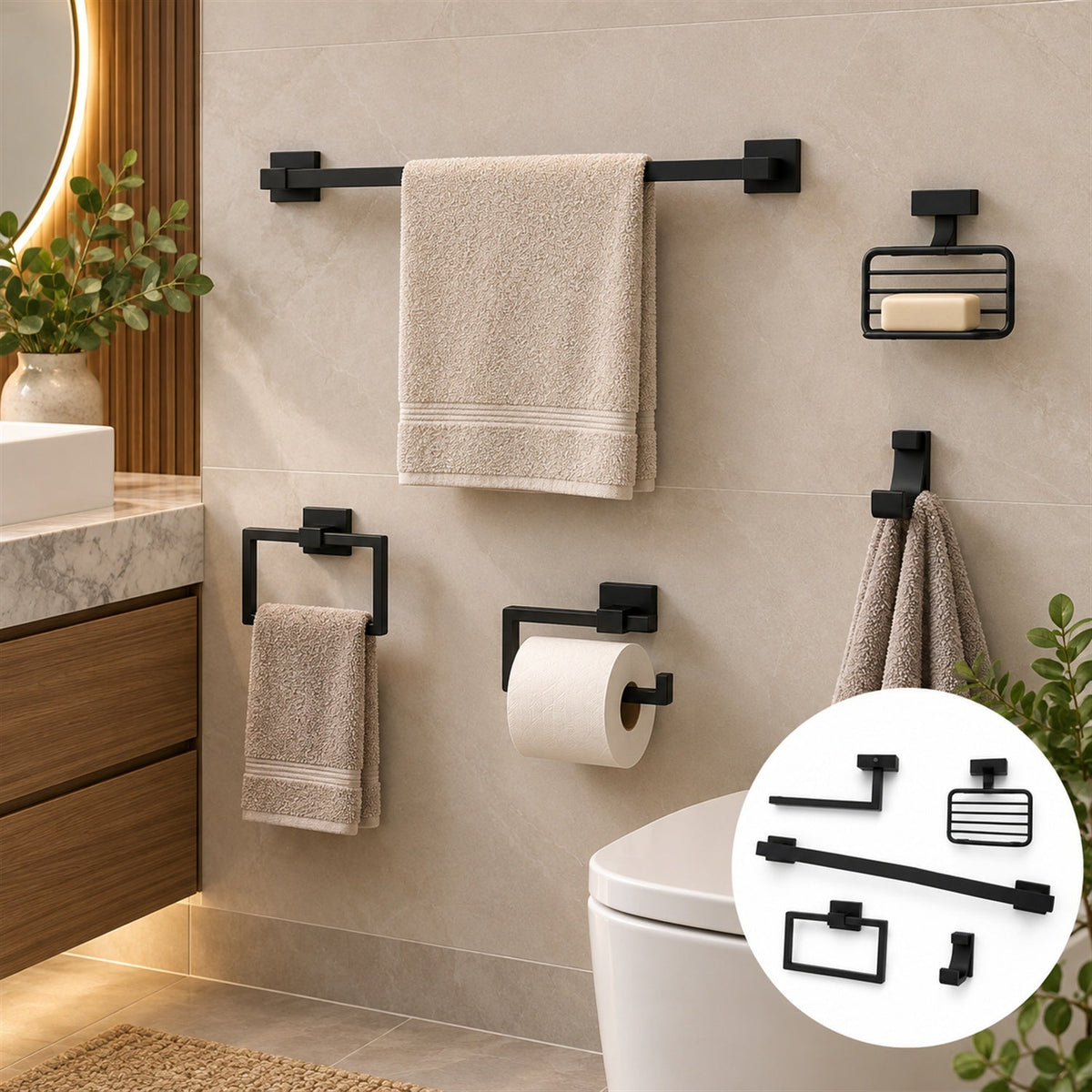 Juego De Accesorios De Baño Plano Negro 5 Piezas