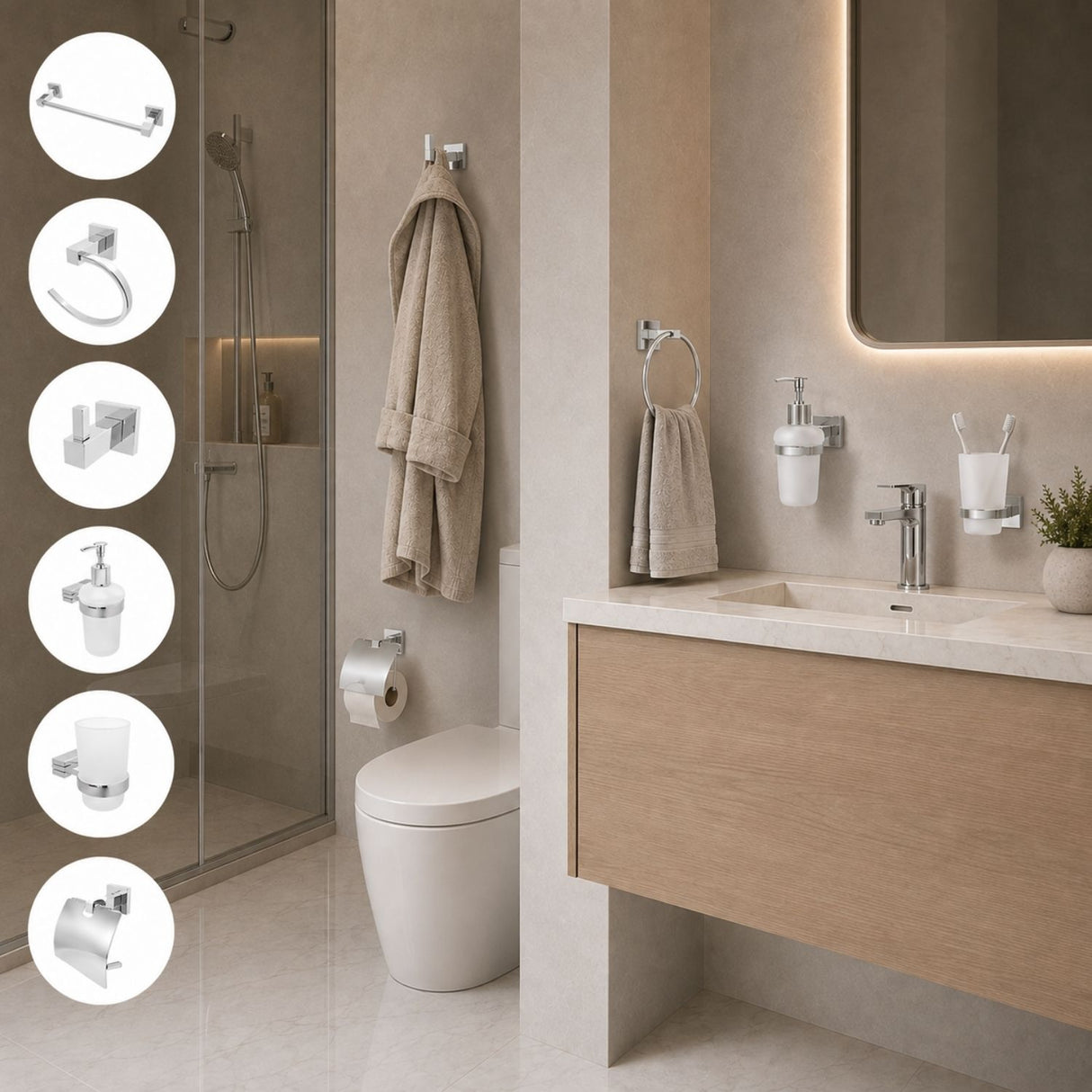 Kit de Accesorios de Baño Cromado de 6 Piezas