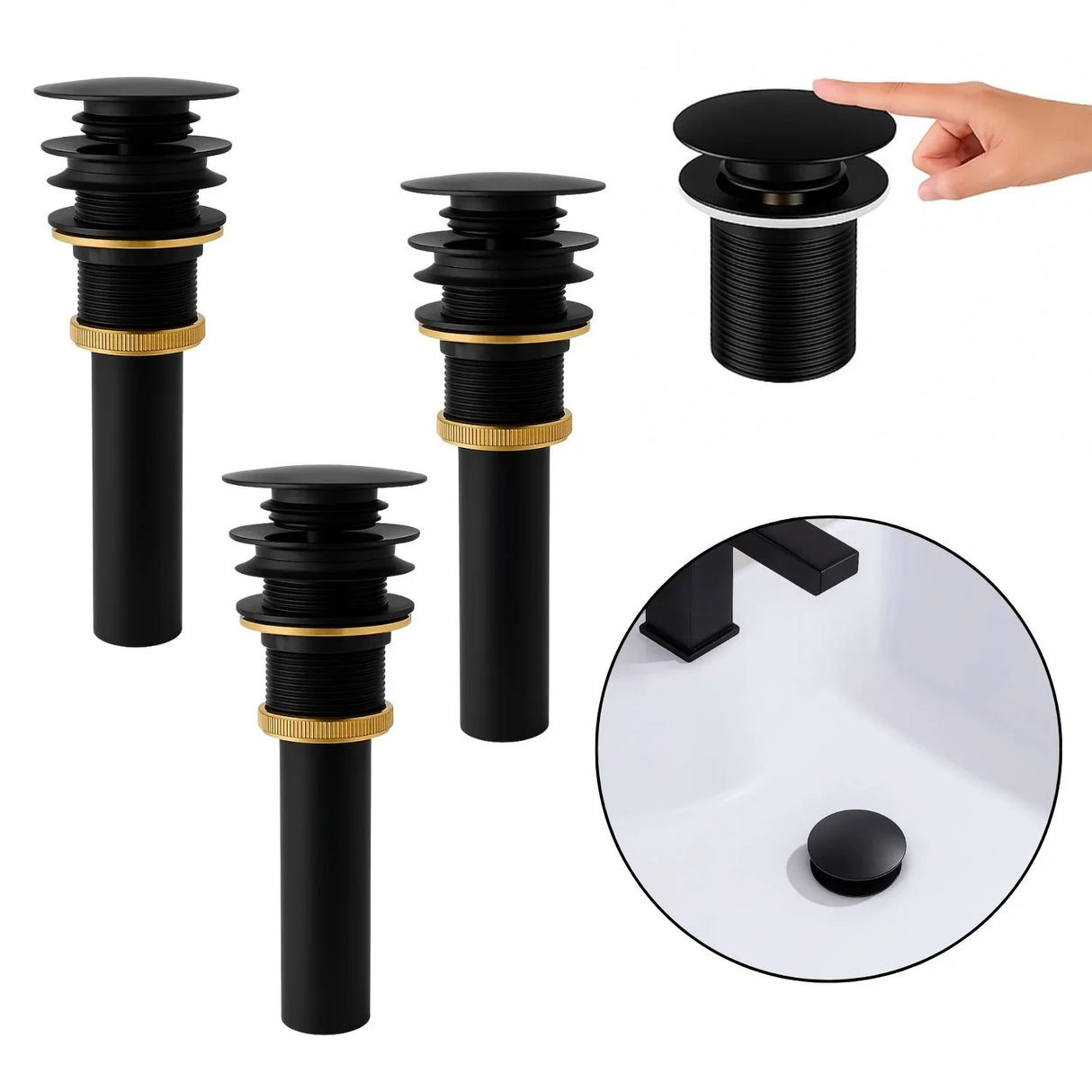 Set X 3 Desague Push Lavamanos Negro Metálico Lujo Universal