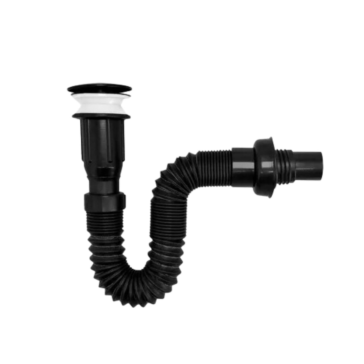 Combo Llave Lavamanos Negro con Pico Curvo 31 cm, Desagüe Push y Sifón Flexible de 82 cm