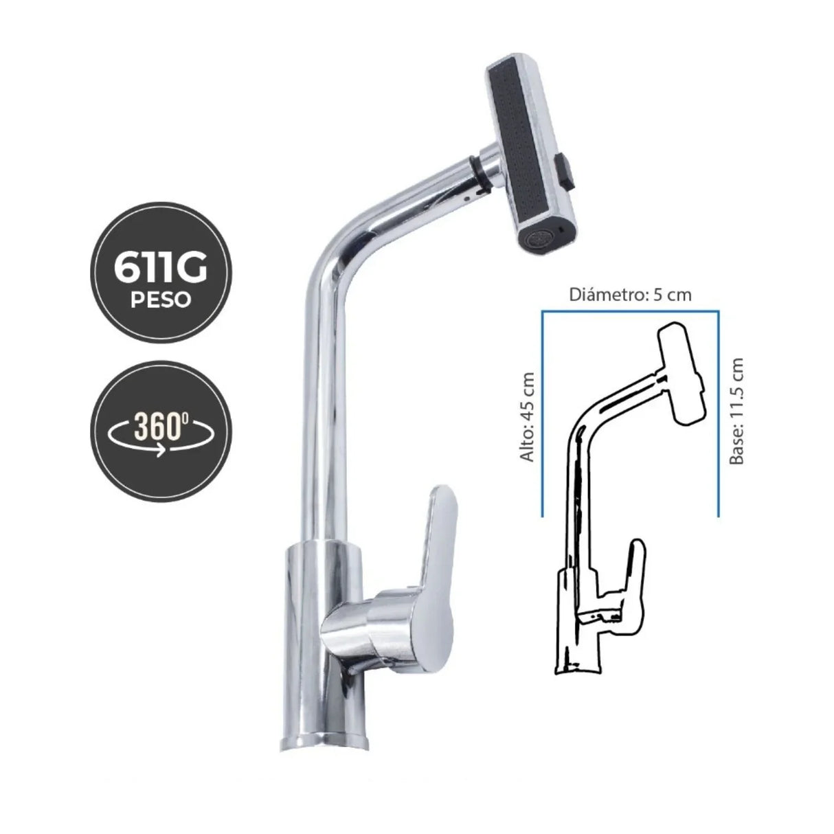 Grifería Monocontrol Cromada Para Lavaplatos y/o Lavamanos Con Cabeza Móvil, Rotación 360° y Cuerpo Flexible