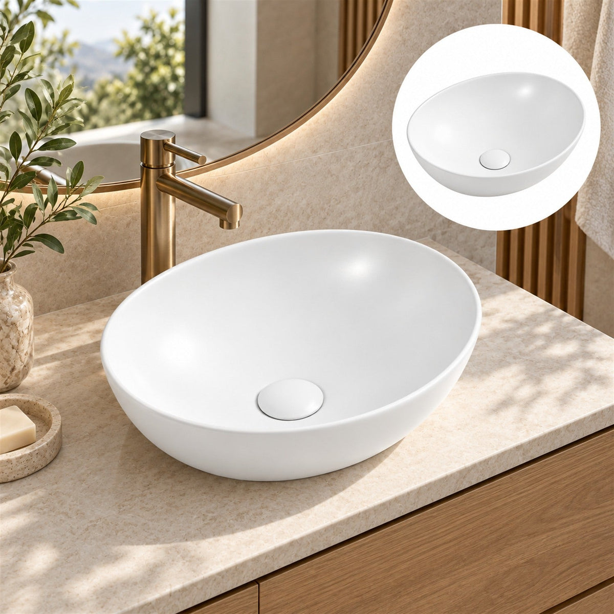 Lavamanos Sobreponer Ovalado Blanco Mate 40 X 33 Cm en ambiente de baño, vista amplia