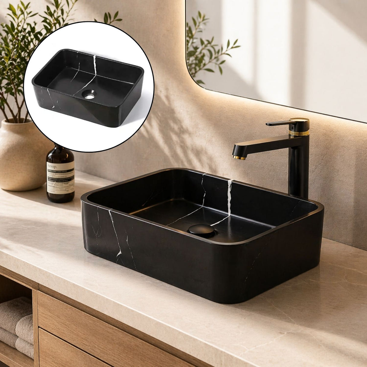 Lavamanos Rectangular Negro Sobreponer 48x37x13 cm en Cerámica – Diseño Moderno Tipo Vessel para Baño