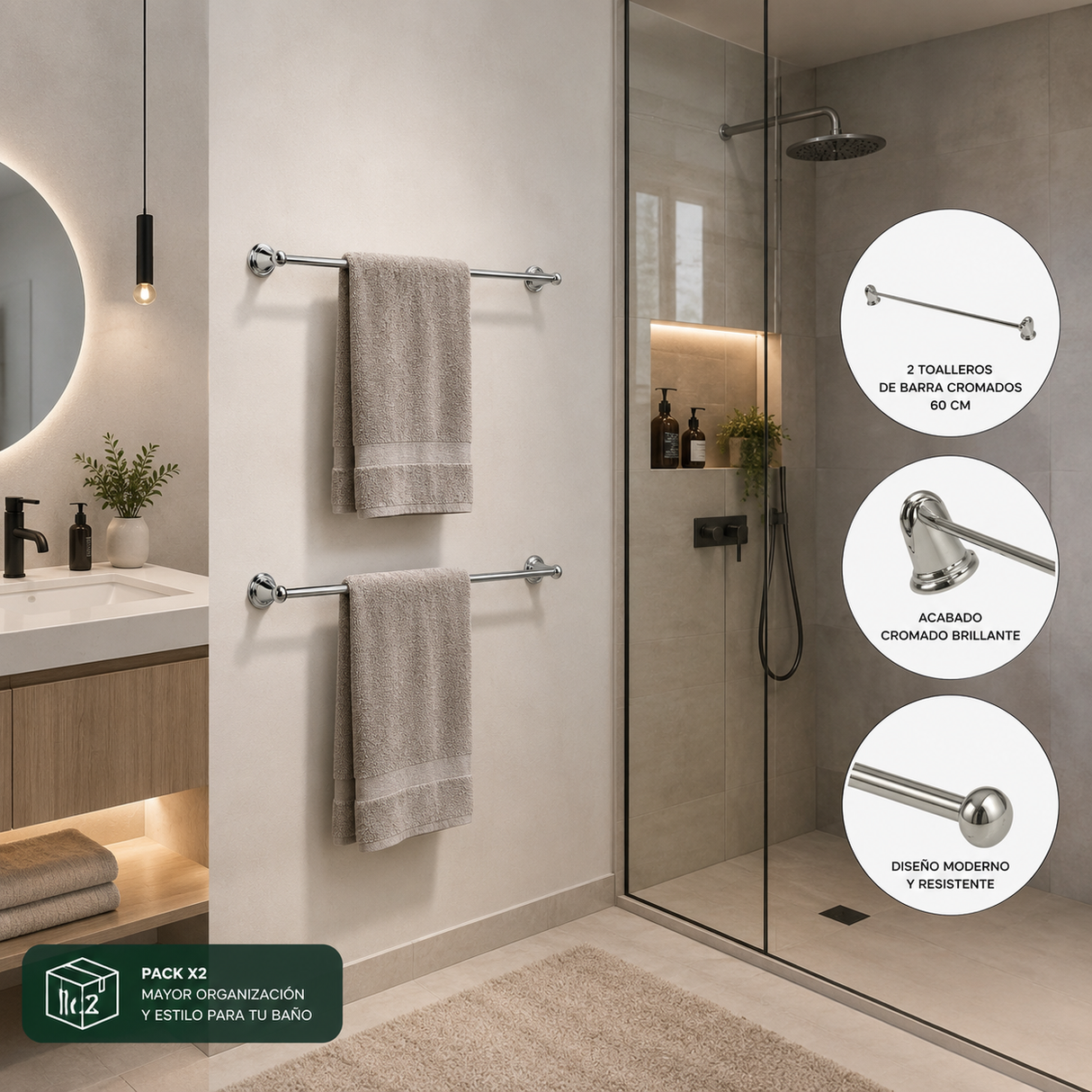 Pack x2 Toalleros de Barra Redondos Cromados Pamo 60 cm para Baño