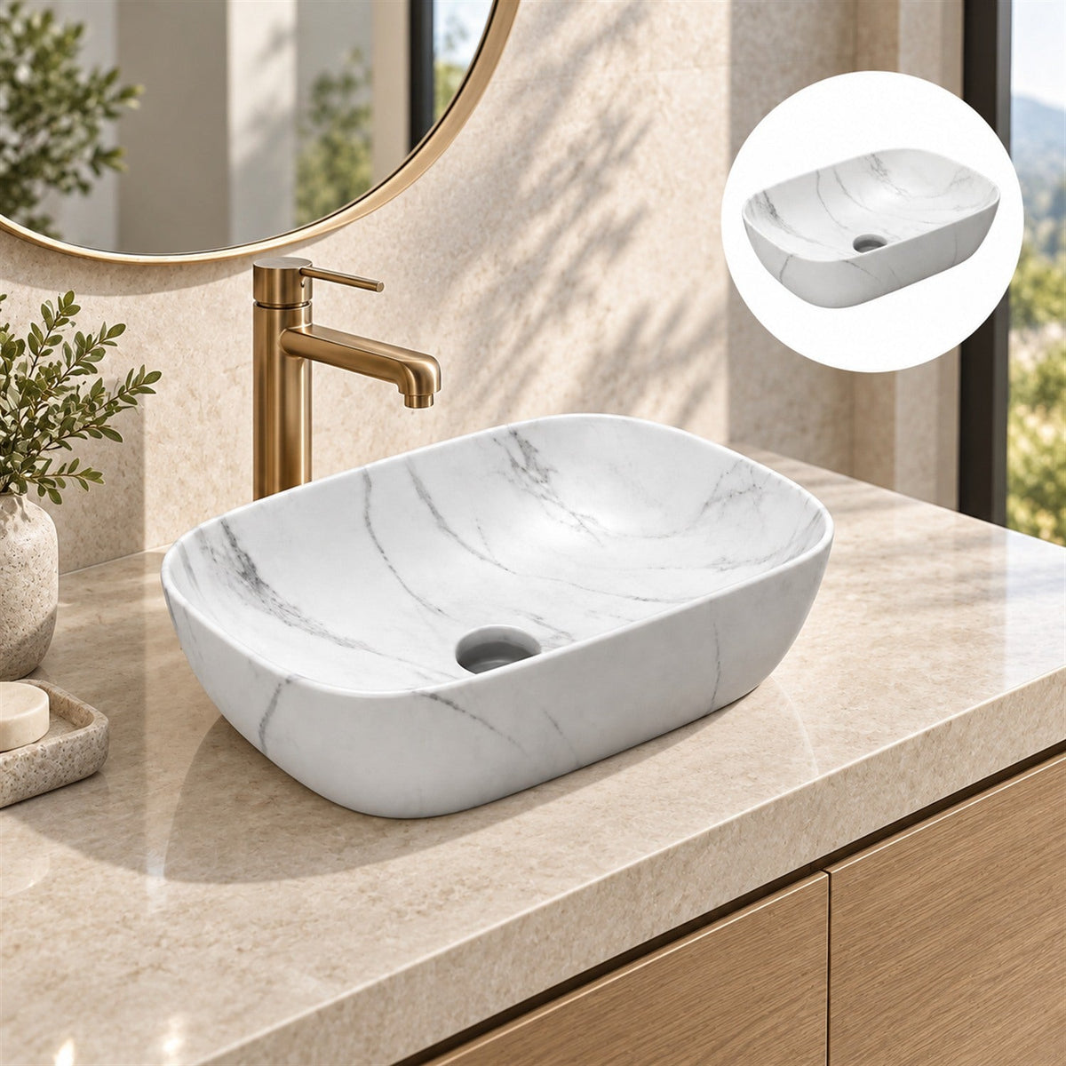 Lavamanos Rectangular Carrara 45,5 X 32,5 X 13,5 Cm en ambiente de baño, vista amplia