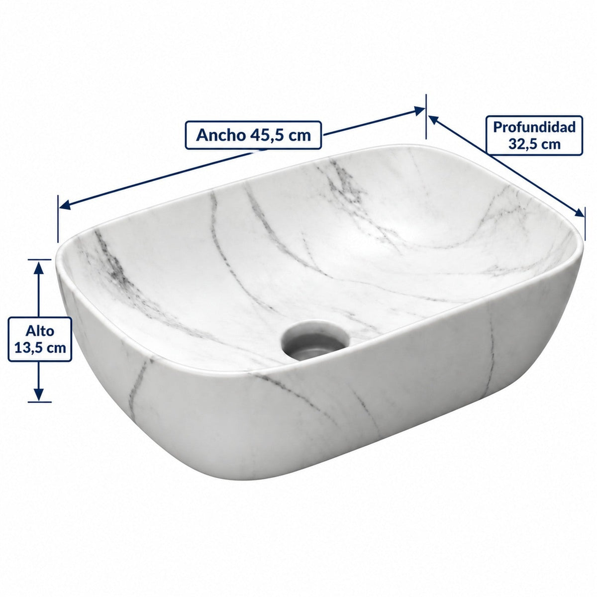 Medidas de Lavamanos Rectangular Carrara 45,5 X 32,5 X 13,5 Cm