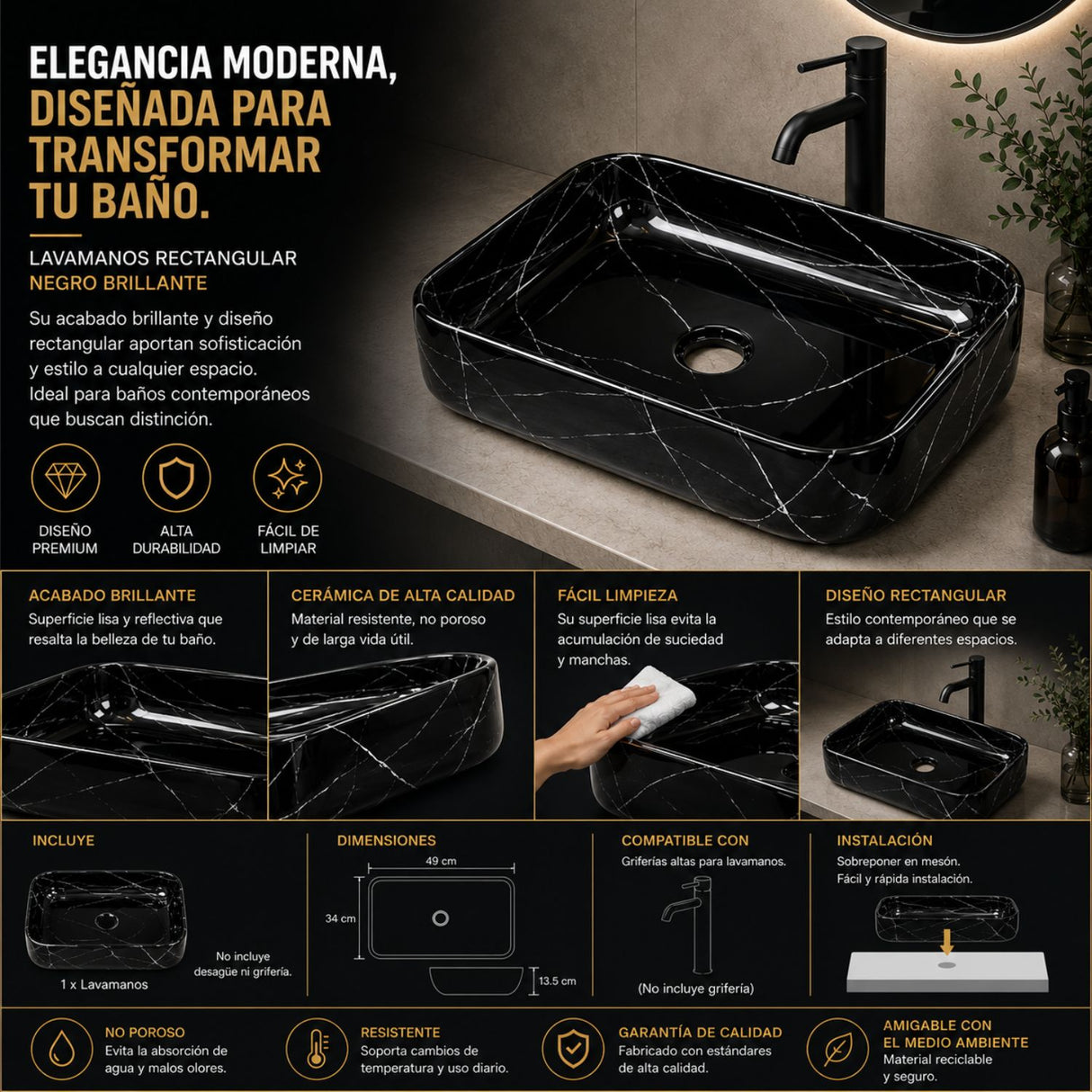 Lavamanos Sobreponer Rectangular Negro Brillante 45.5 x 32.5 x 13.5 cm | Diseño Moderno Premium
