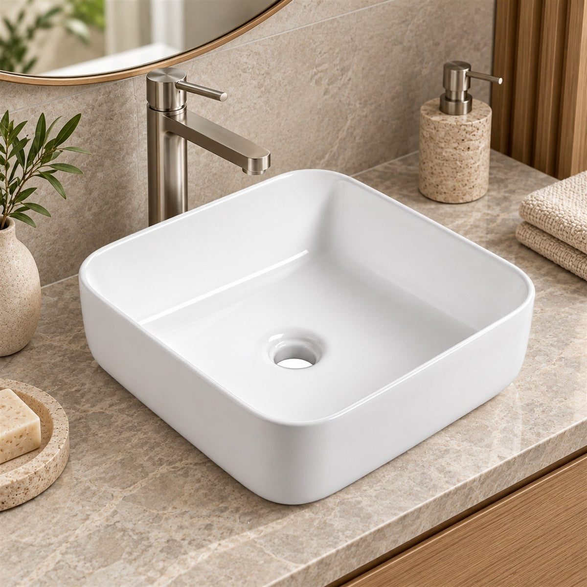 Lavamanos Sobreponer Cuadrado Blanco 39 X 39 X 14 Cm en ambiente de baño, vista cercana