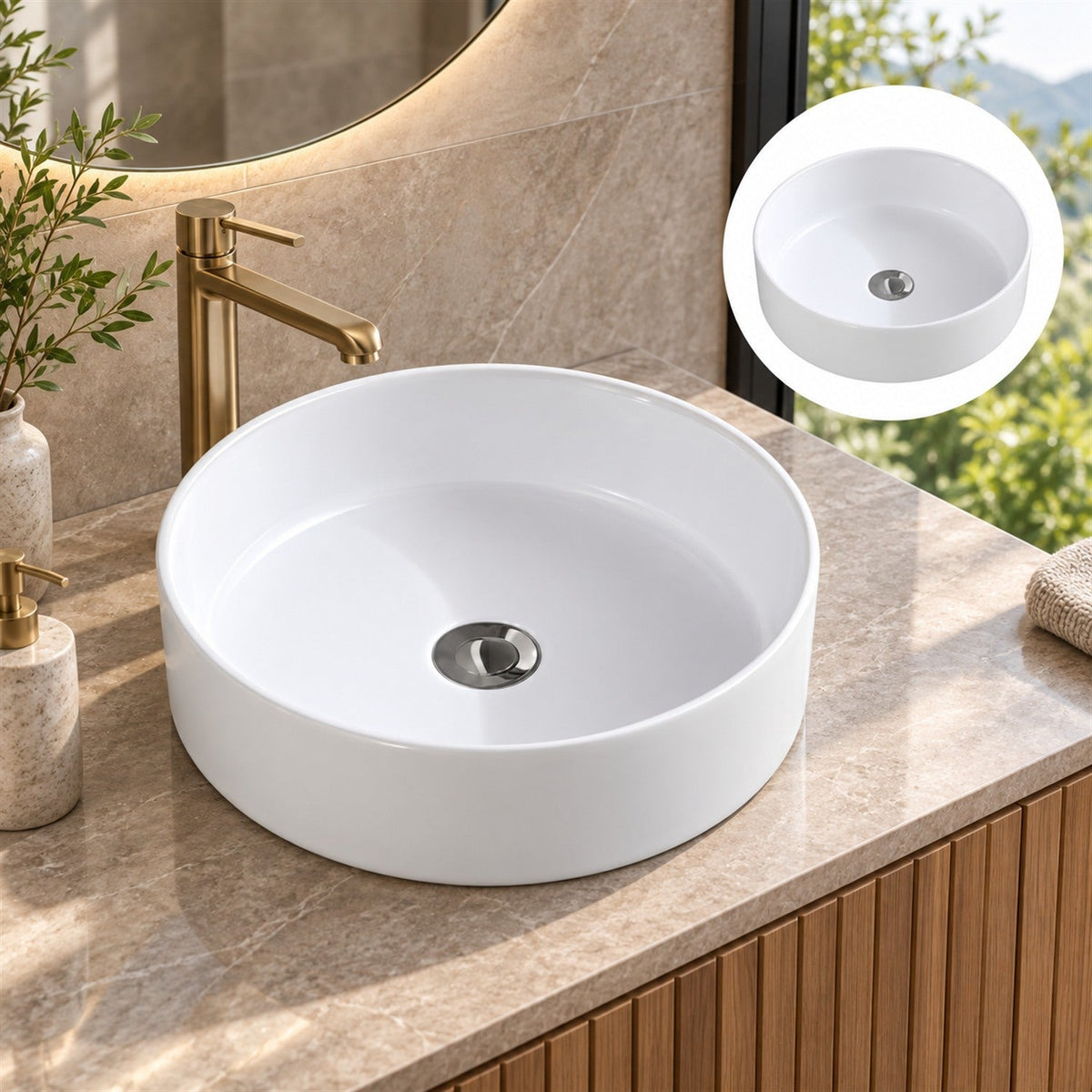 Lavamanos Olimpus Blanco 36 X 36 X 12 Cm en ambiente de baño, vista amplia