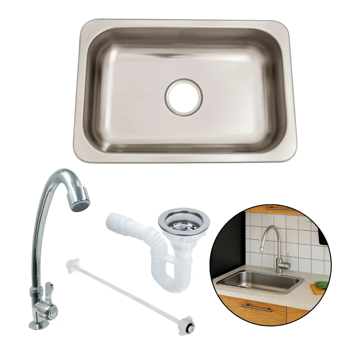 Set Lavaplatos Acero 60x40 + Griferia Sencilla + Sifon y Canastilla