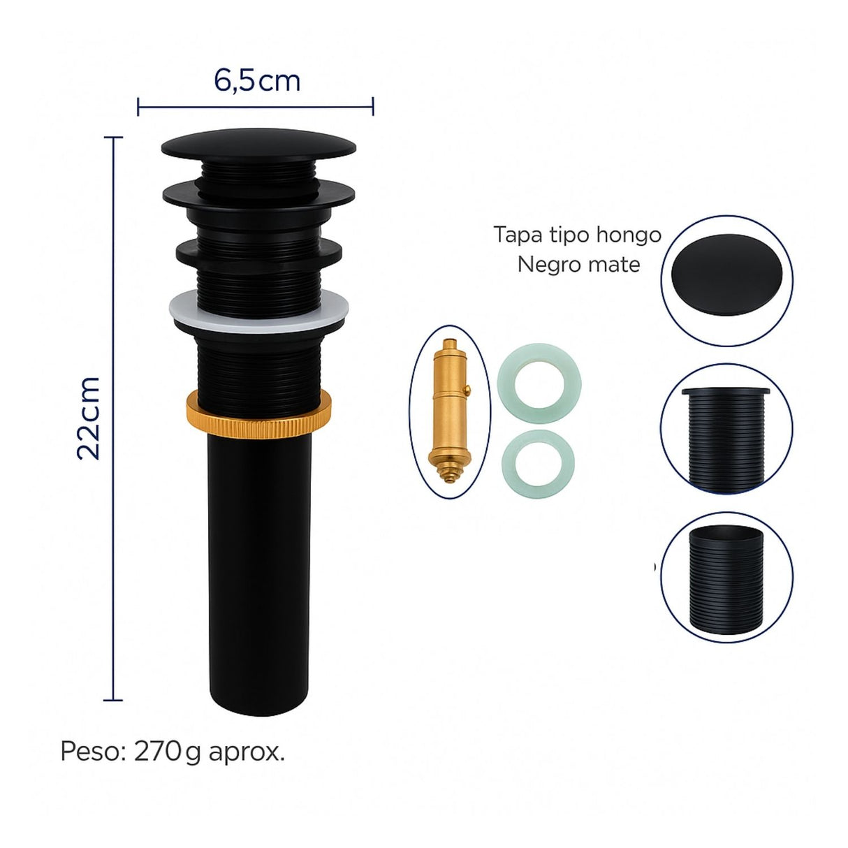 Kit Lavamanos Sifon Desague Push Negro Mate Metálico Moderno