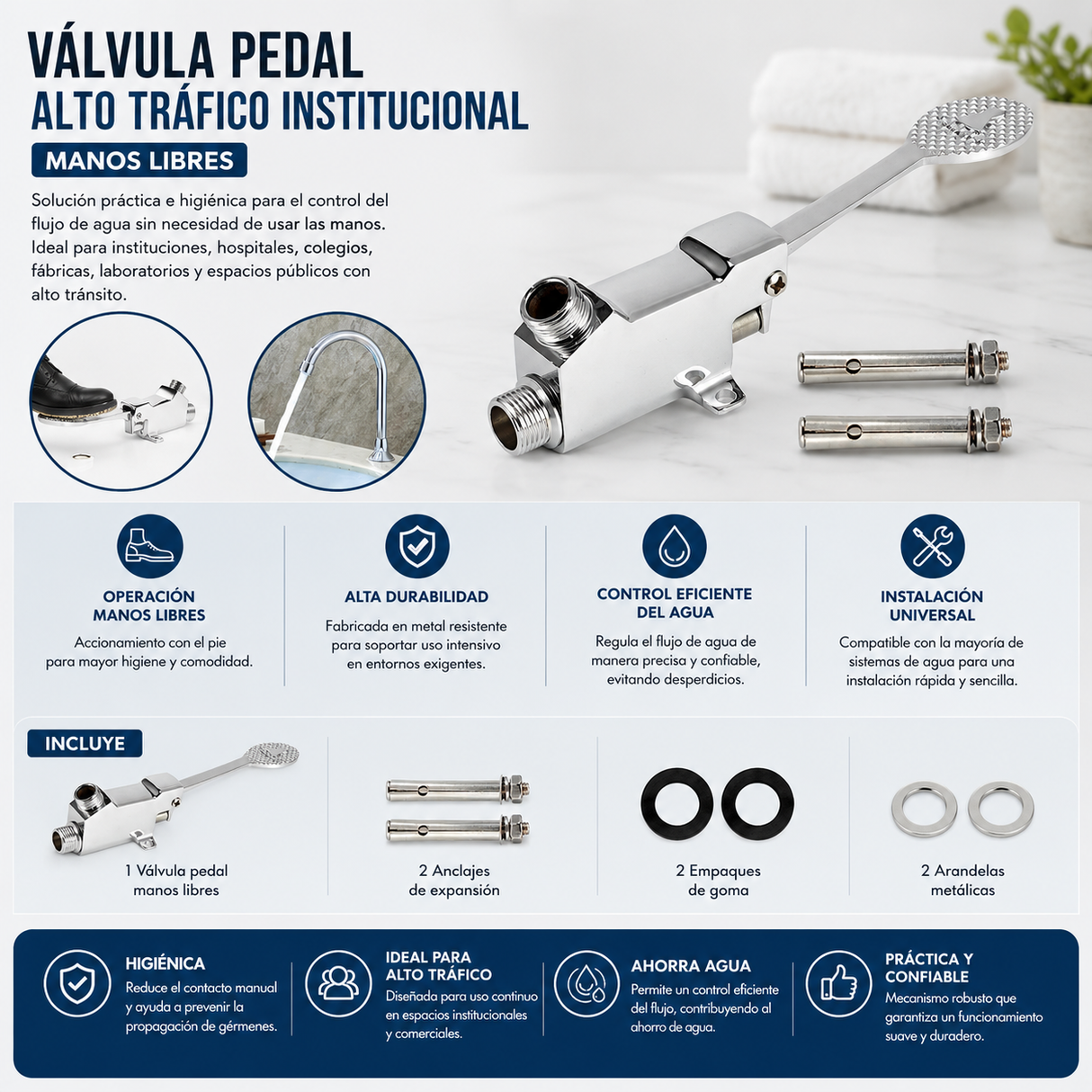 Válvula Pedal Institucional Manos Libres Alto Tráfico para Lavamanos y Cocina