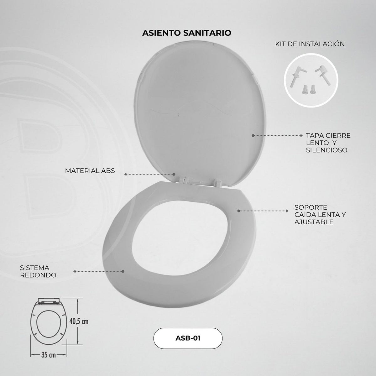 Ficha oficial Boccherini ASB-01 sobre fondo gris, con vista del asiento y medidas