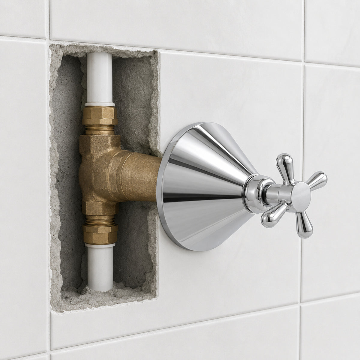 Instalación empotrada con cuerpo de bronce y tubería blanca