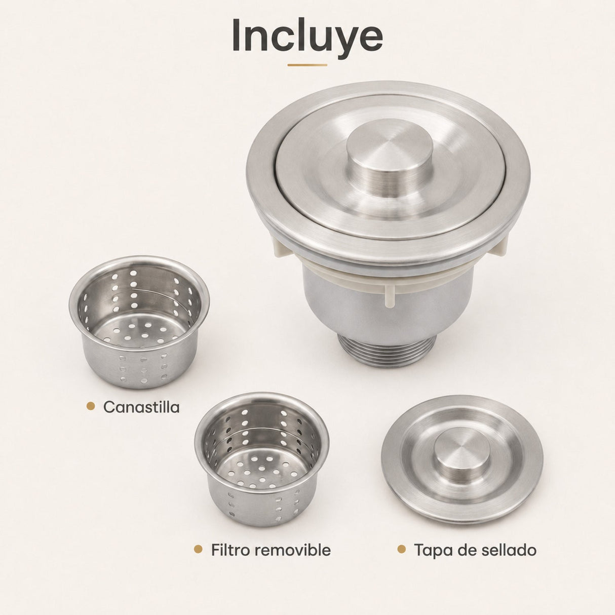 Contenido de canastilla para lavaplatos con filtro y tapa