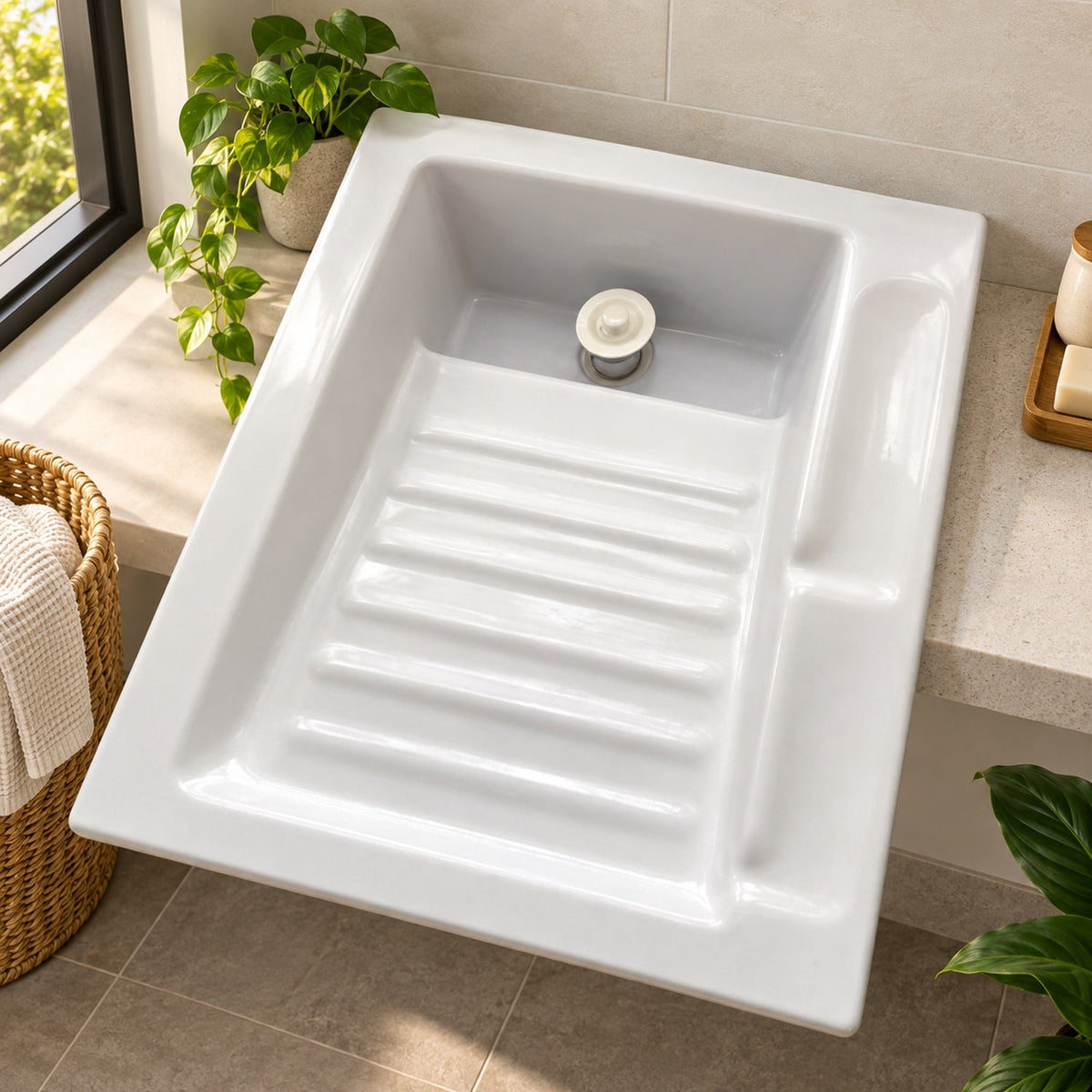 Lavadero Cerámico Blanco Con Tabla De Lavar 60 X 48 Cm - ambientación cercana