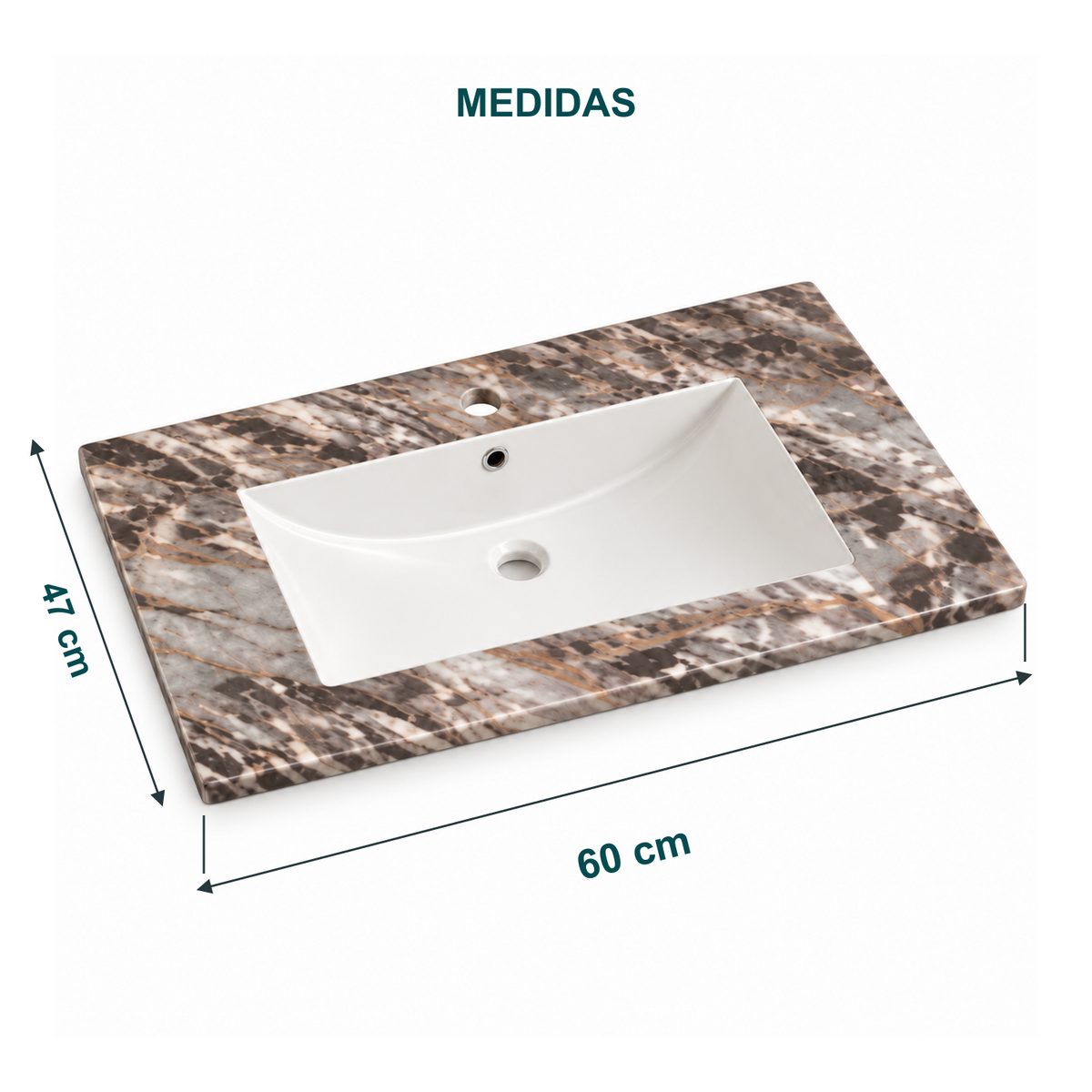 Medidas del lavamanos integrado: 60 cm de ancho y 47 cm de profundidad
