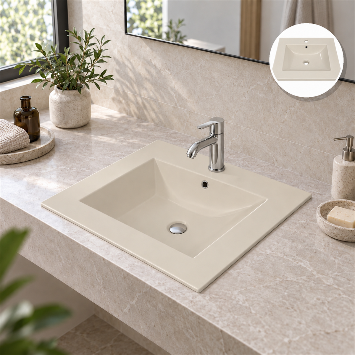 Lavamanos integrado de porcelana beige con grifería cromada instalada como ambientación; grifería no incluida