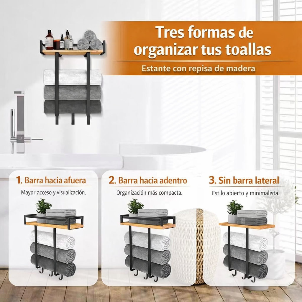 Toallero de Baño con Repisa de Madera y 3 Ganchos – Organizador de Pared para Toallas