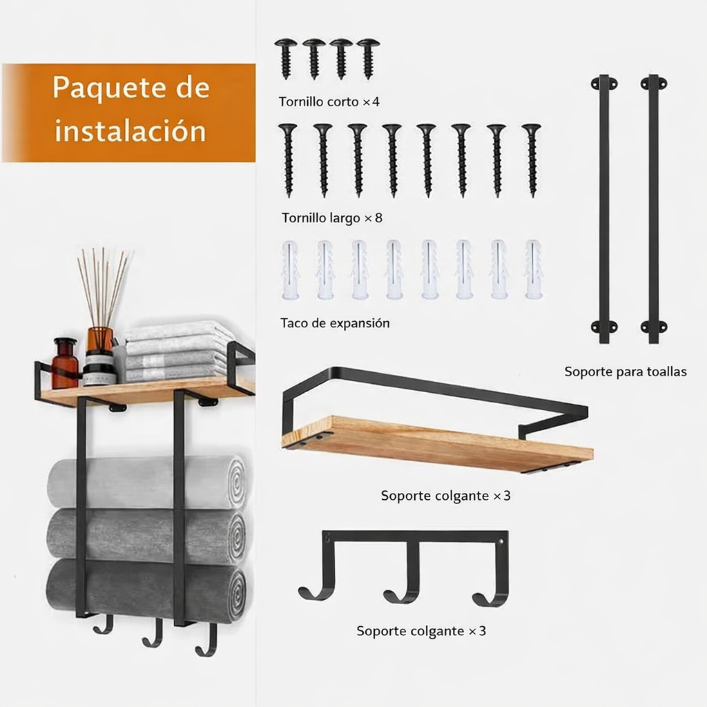Toallero de Baño con Repisa de Madera y 3 Ganchos – Organizador de Pared para Toallas